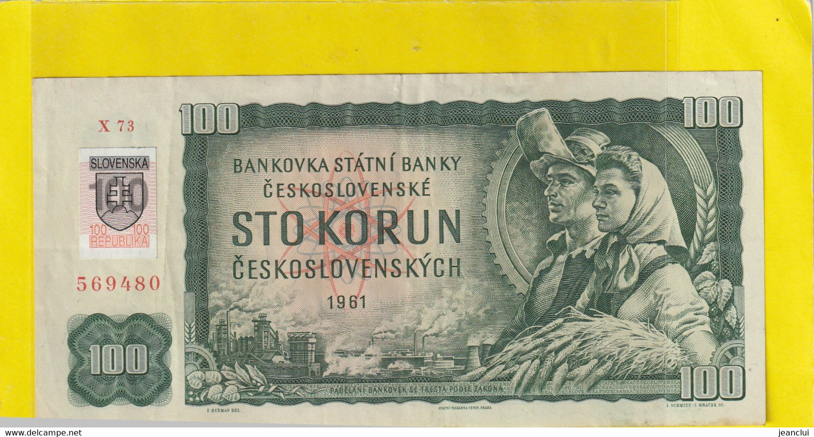 CESKOSLOVENSKEJ + SLOVENKA REPUBLIKA  . 100 KORUN . 1961 . SERIE X 73 . N° 788638  .  2 SCANES - Slovacchia