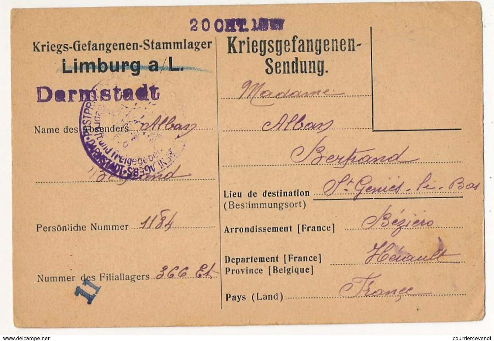 Carte Prisonnier Français - Camp De Limburg A/L Utilisé à Darmstadt - 20 Oct. 1917 - Censure - Guerre De 1914-18