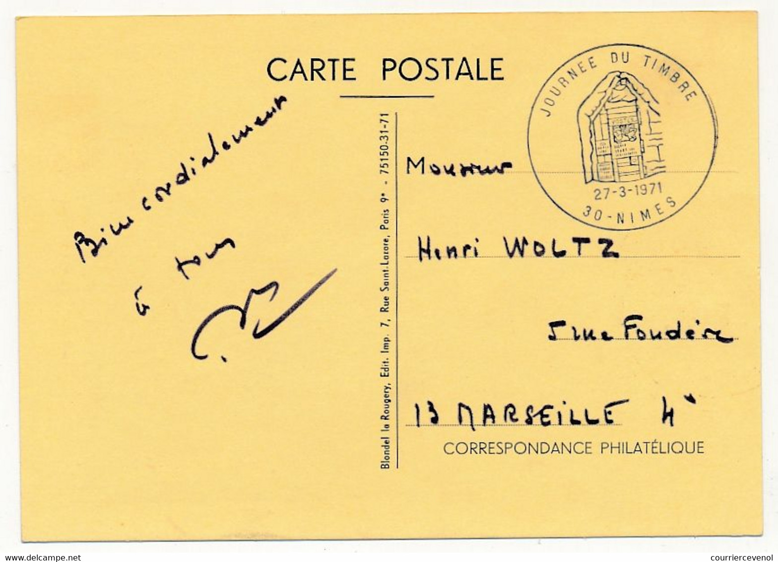 FRANCE => Carte Locale "Journée Du Timbre" 1971 - 30 NIMES - Poste Aux Armées - 27/3/1971 - Cartas & Documentos