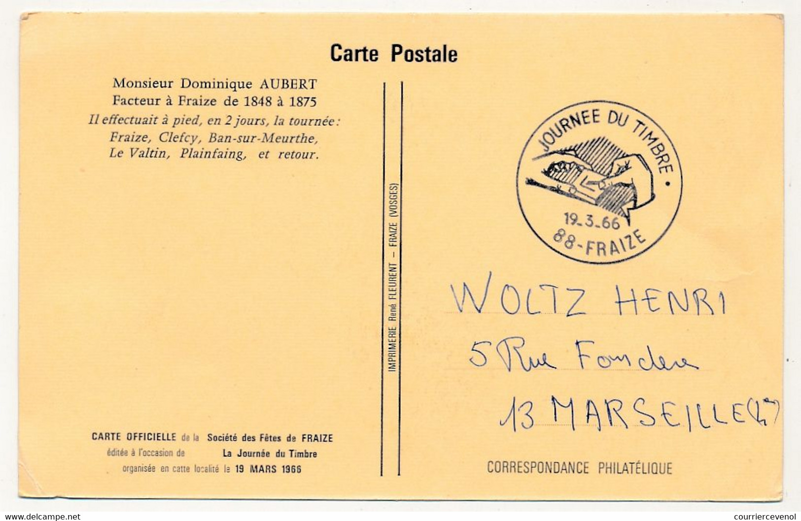 FRANCE => Carte Locale "Journée Du Timbre" 1966 - 88 FRAIZE - Poinçon - 9/3/1966 - Lettres & Documents