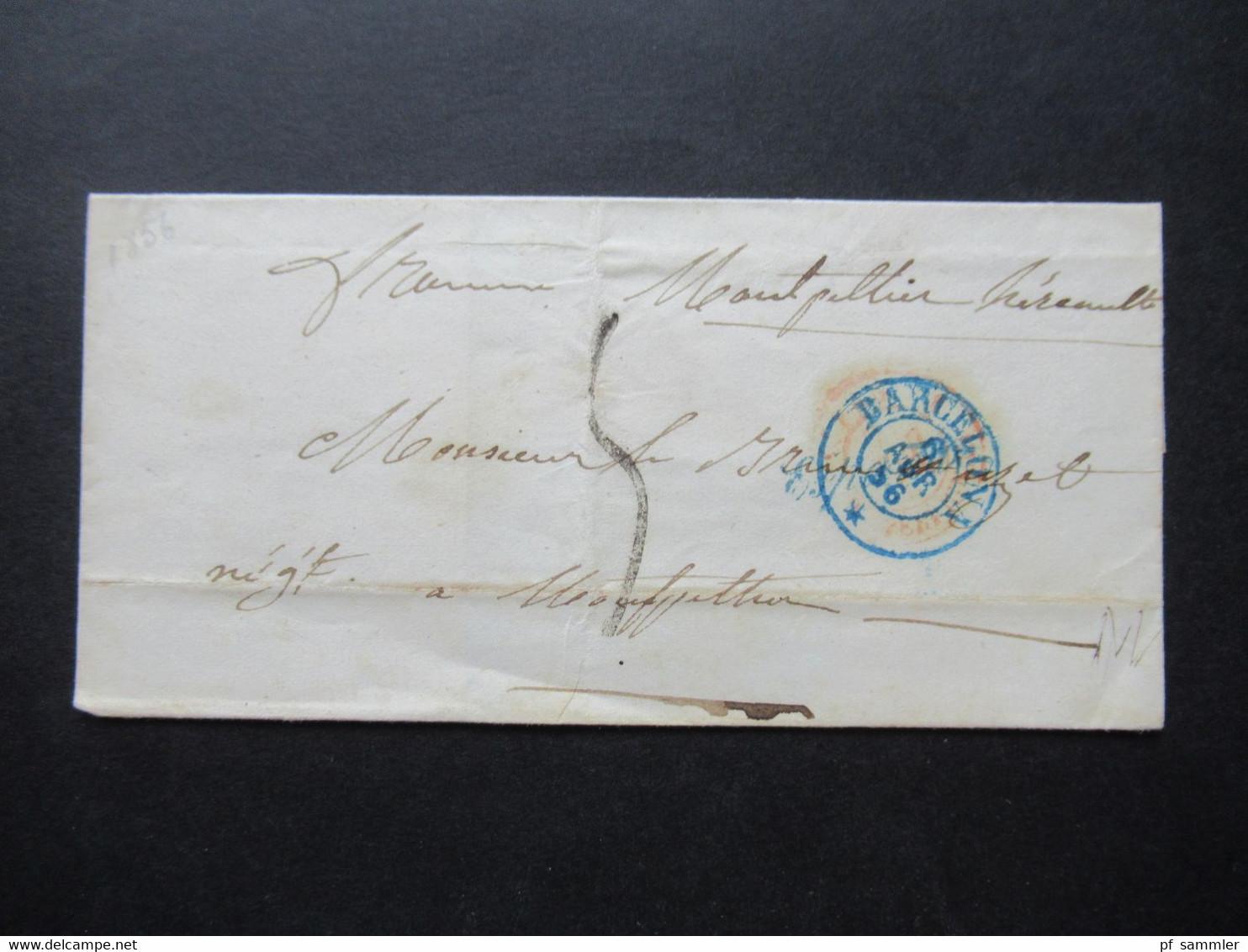 Spanien 1866 Kleiner Faltbrief OHNE Inhalt Blauer Stempel K2 Barcelona Und Ank. Stempel Montpellier - Covers & Documents