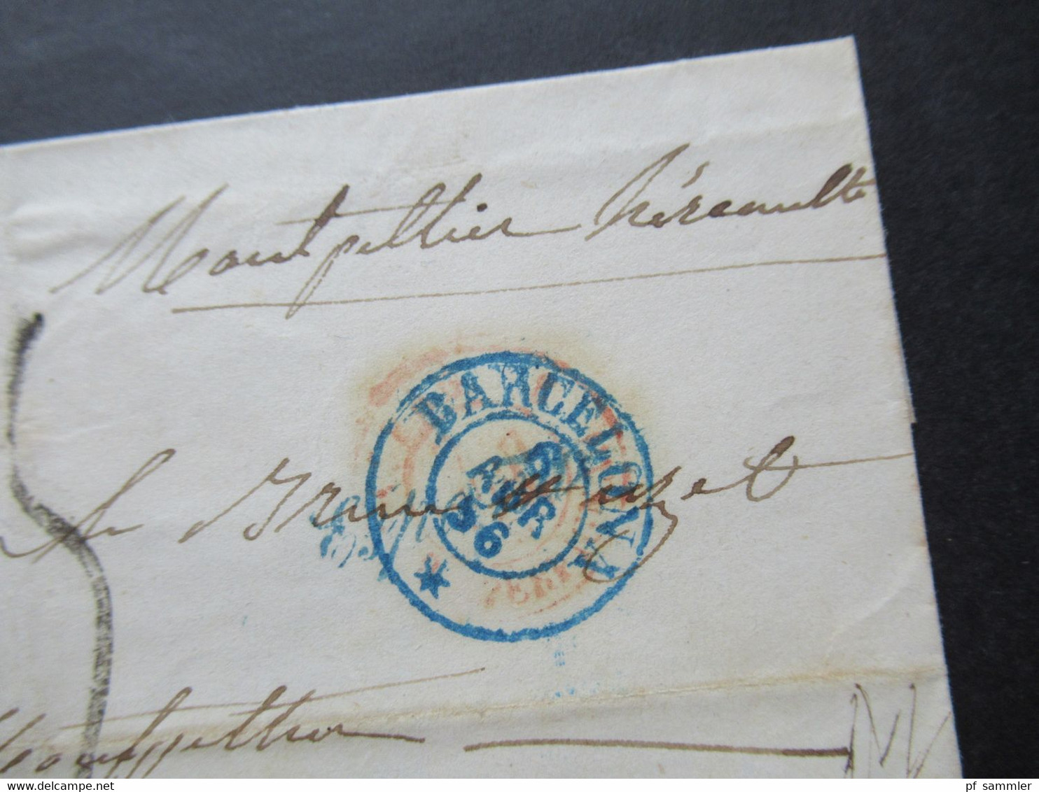 Spanien 1866 Kleiner Faltbrief OHNE Inhalt Blauer Stempel K2 Barcelona Und Ank. Stempel Montpellier - Storia Postale