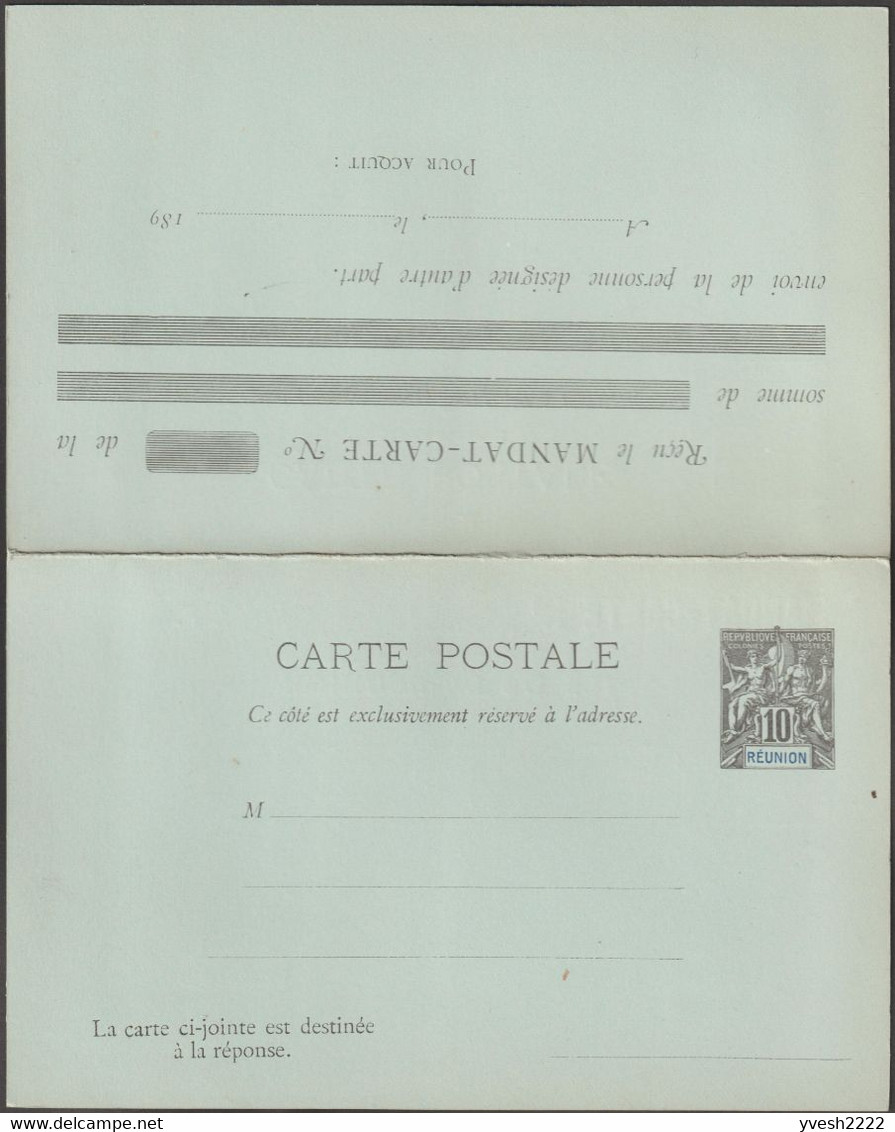 Réunion 1892 Carte Postale, Entier Postal Officiel. 10 C Mouchon, Mandat-carte Avec Réponse Payée. Superbe - Lettres & Documents