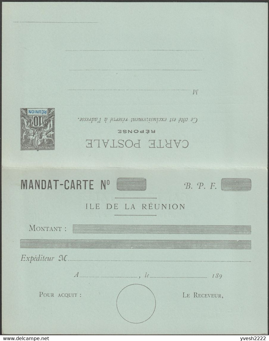 Réunion 1892 Carte Postale, Entier Postal Officiel. 10 C Mouchon, Mandat-carte Avec Réponse Payée. Superbe - Cartas & Documentos