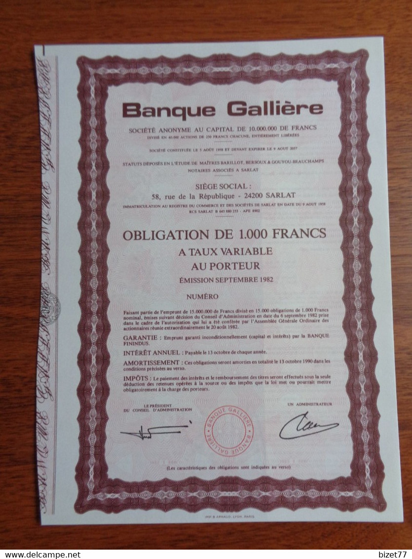 FRANCE - 24 - BANQUE - BANQUE GALLIERE - OBLIGATION DE 1 000 FRS - SARLAT 1982 - TITRE NON EMIS - Other & Unclassified