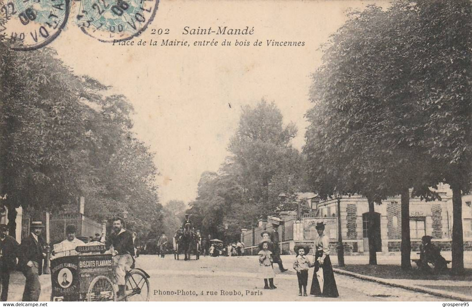 SAINT MANDE PLACE DE LA MAIRIE ENTREE DU BOIS DE VINCENNES TRIPORTEUR BISCUITS FLAMANDS 1906 - Saint Mande