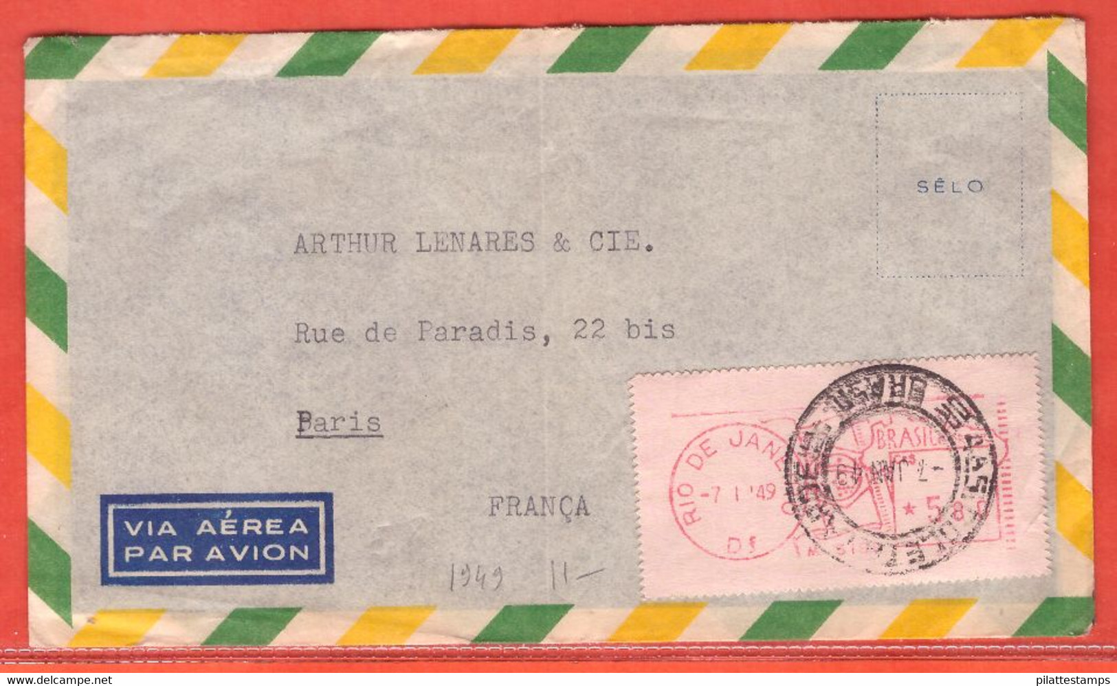 BRESIL LETTRE DE 1949 DE RIO DE JANEIRO POUR PARIS FRANCE - Viñetas De Franqueo (Frama)