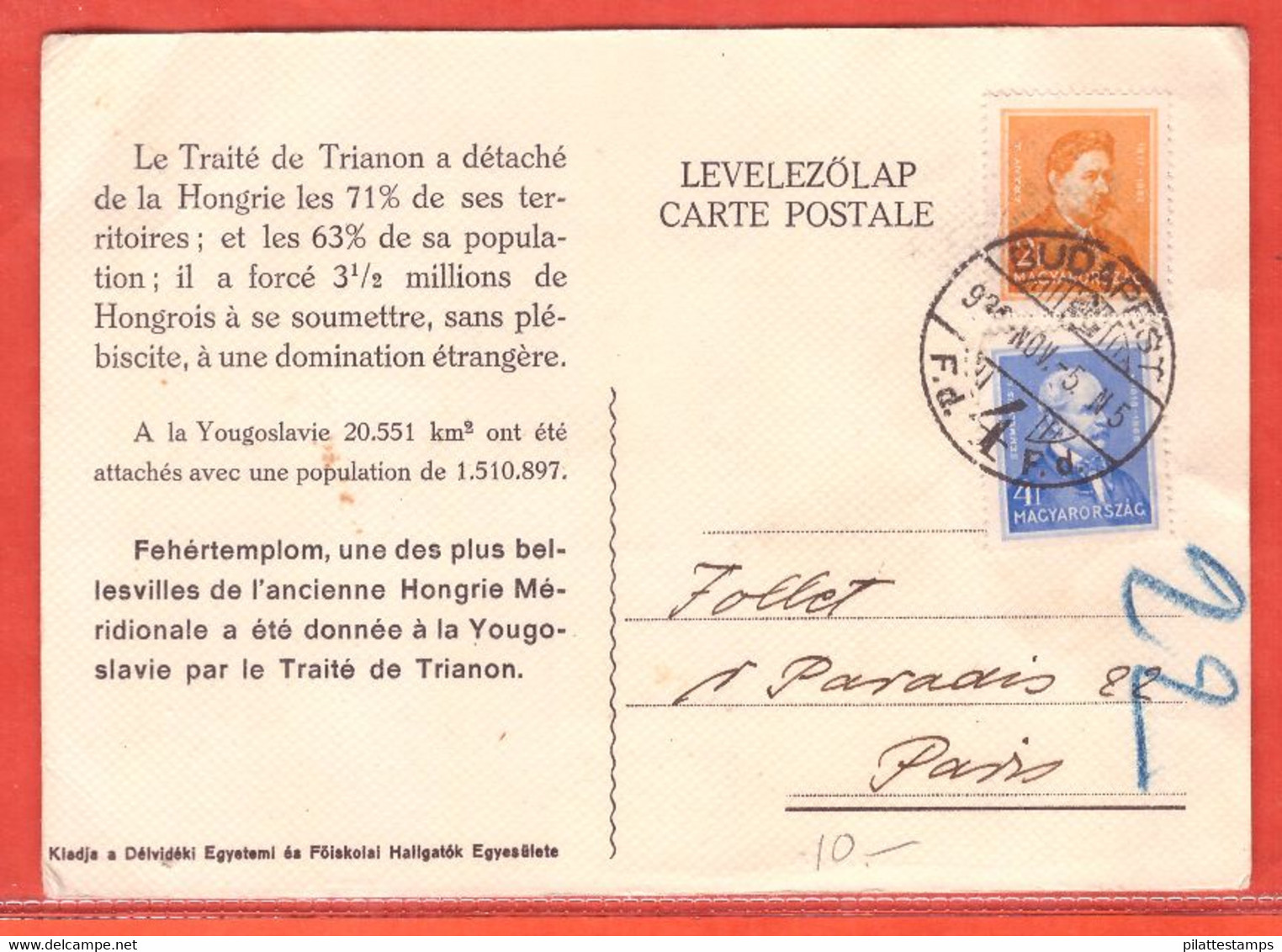 HONGRIE CARTE DE BUDAPEST POUR PARIS FRANCE - Poststempel (Marcophilie)