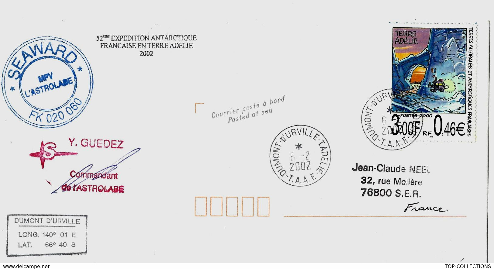 T.A.A.F TERRES AUSTRALES ET ANTARCTIQUES FRANCAISES 2002 SEAWARD MPV L' ASTROLABE COURRIER POSTE A BORD - Storia Postale