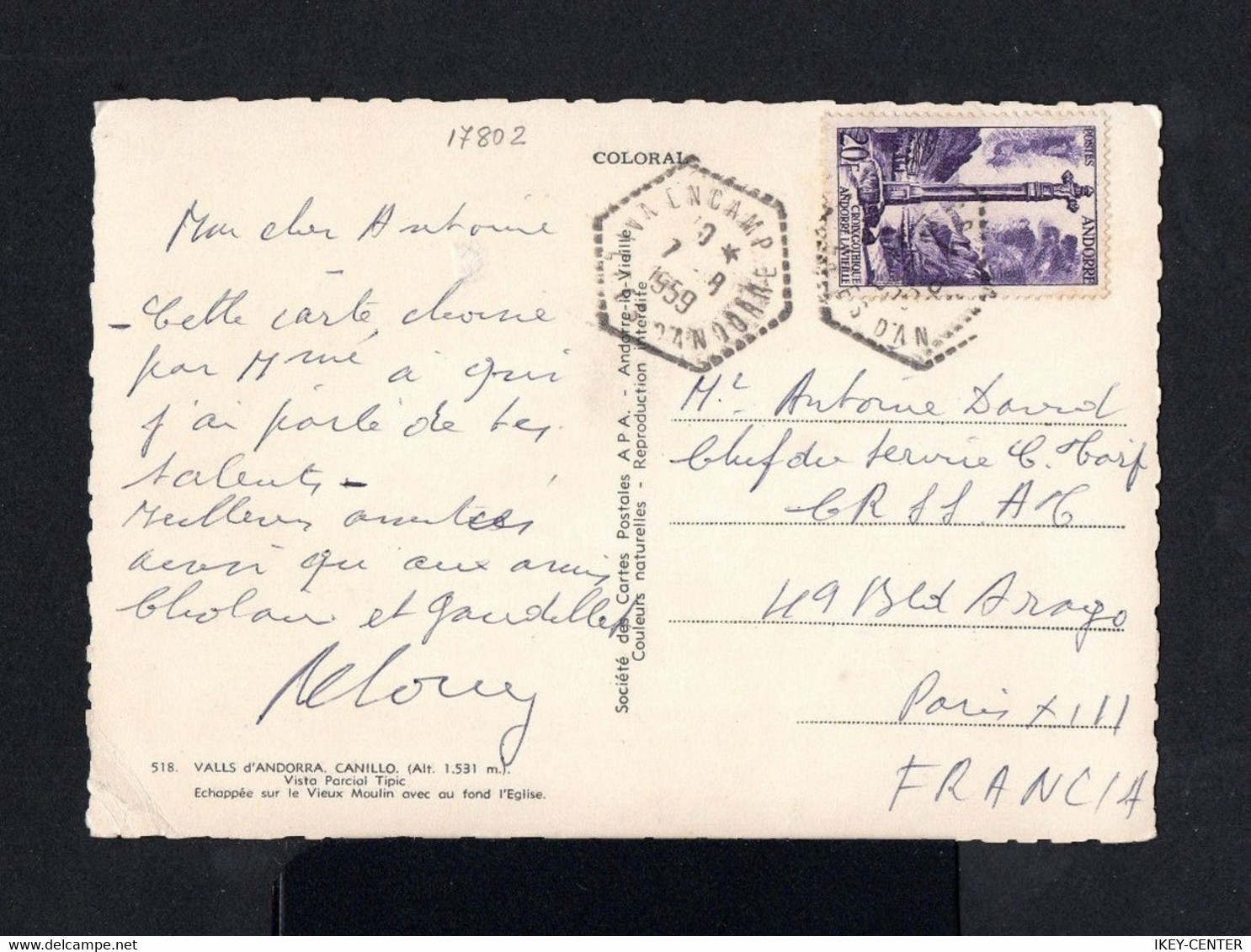 17802-FRENCH ANDORRE-OLD POSTCARD ENCAMP To PARIS (france).1959.Andorra.Tarjeta Postal.carte Postale - Cartas & Documentos