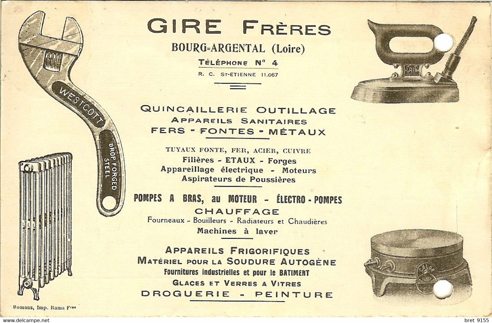 42 BOURG ARGENTAL QUINCAILLERIE GIRE FRERES POMPES A BRAS AU MOTEUR COMMANDE CHEZ BLOT GALLAND A TOURNUS - Bourg Argental