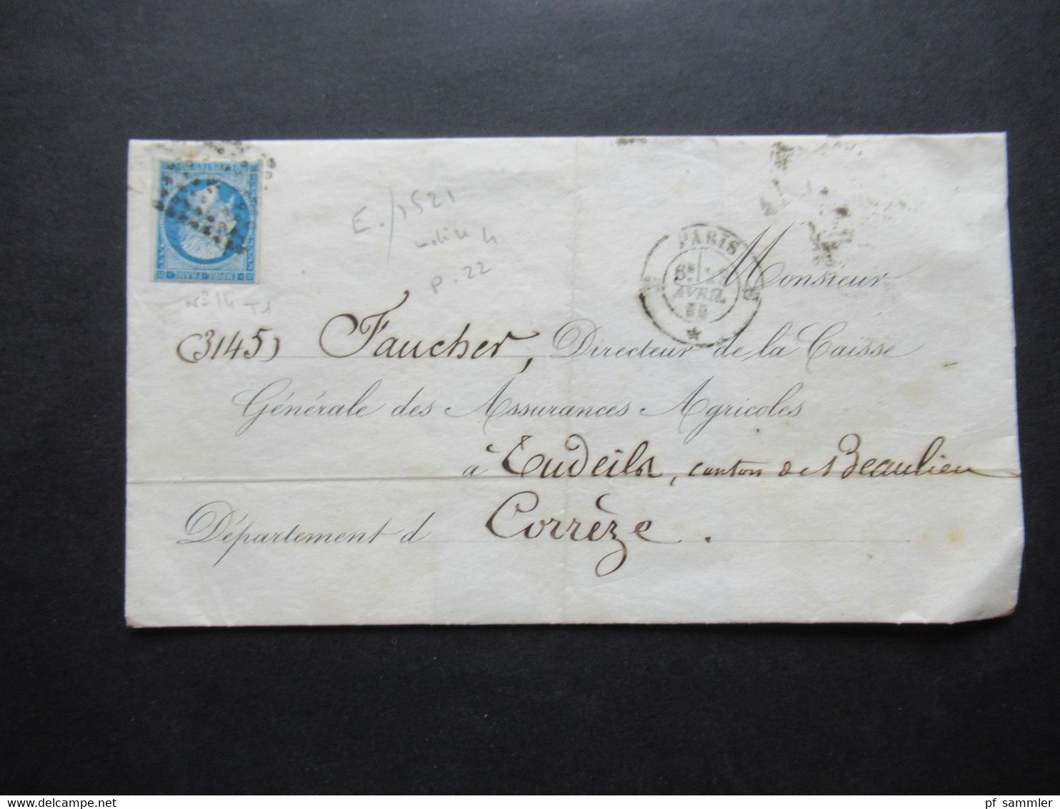 Frankreich 1860 Napoléon III. Michel Nr.13 EF Stempel Paris / Bahnpost Stempel Paris A Limoges Faltbrief Ohne Inhalt - 1853-1860 Napoleon III