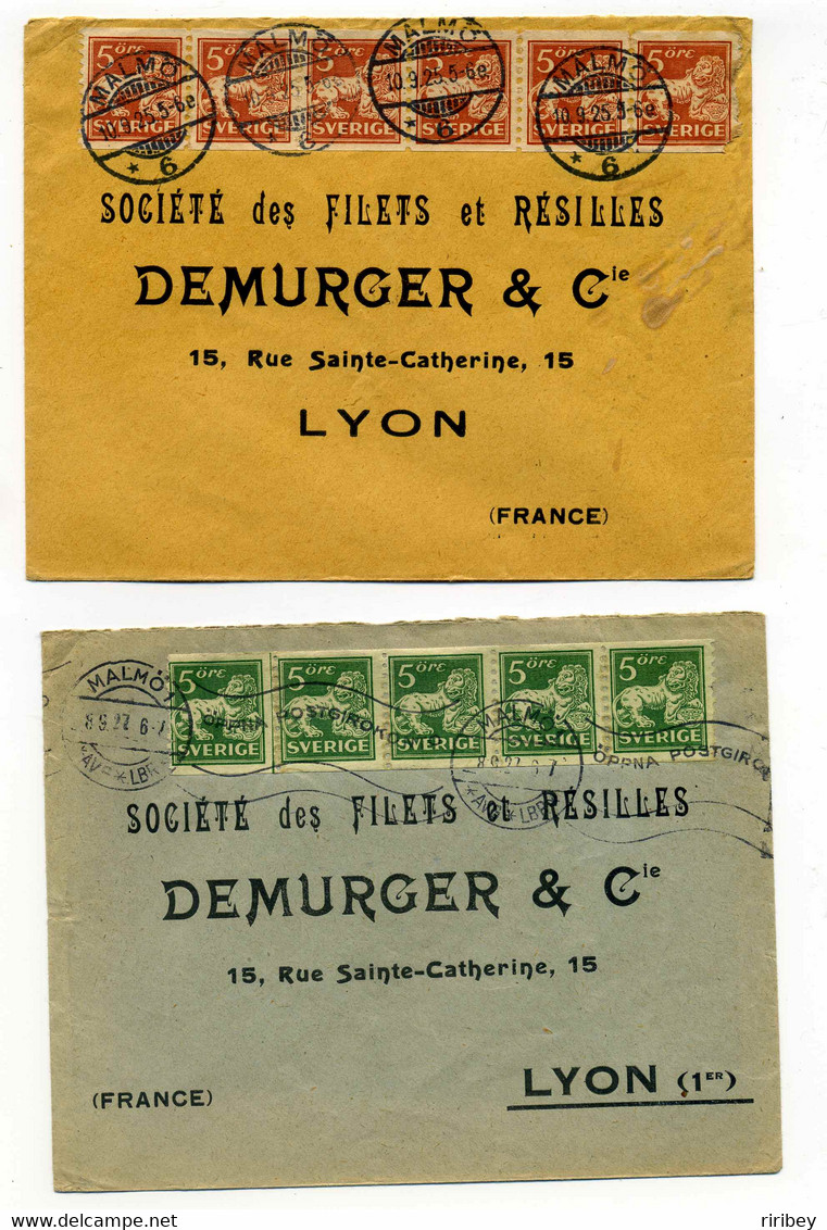 2 Letters From MALMO For France /  Stamps YT N°123 And 124  Dand Of 5 Stamps / 1922-1925 - Briefe U. Dokumente