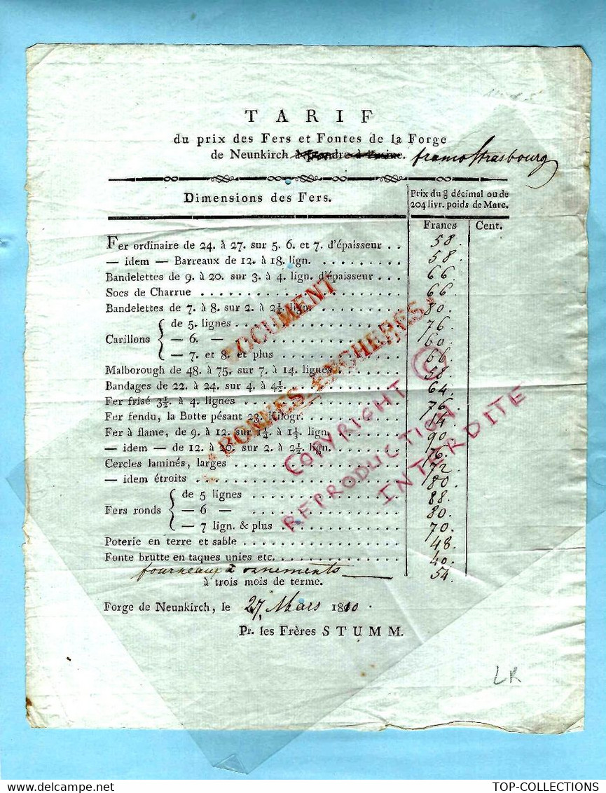 1810 RARE TARIF FRERES STUMM  FORGE DE NEUNKIRCH  DOMINATION FRANCAISE EMPIRE   B.E. - Historical Documents