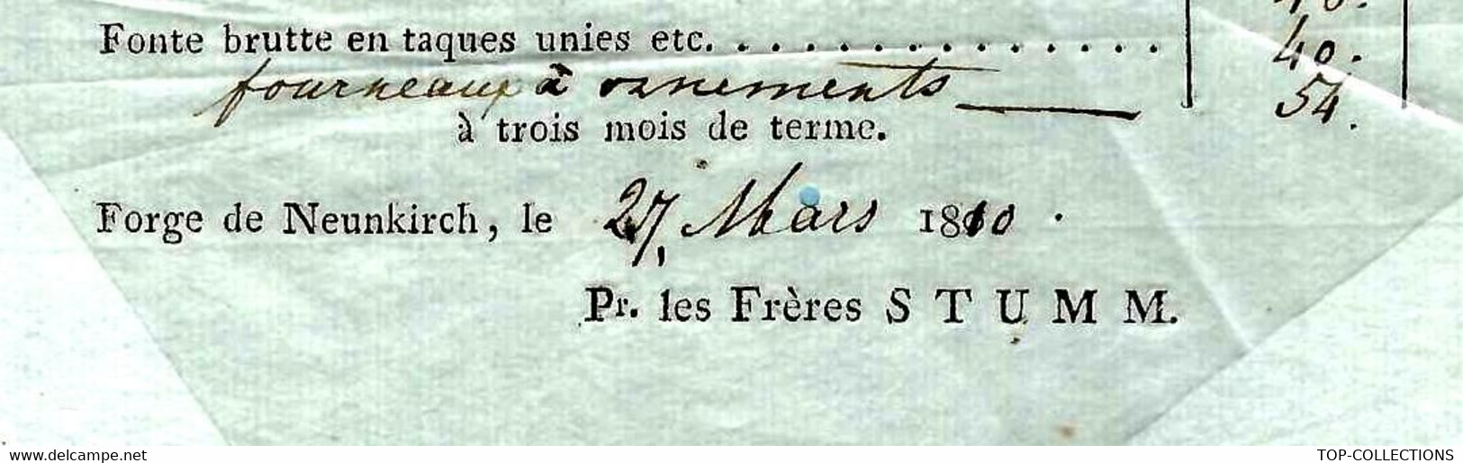 1810 RARE TARIF FRERES STUMM  FORGE DE NEUNKIRCH  DOMINATION FRANCAISE EMPIRE   B.E. - Documents Historiques