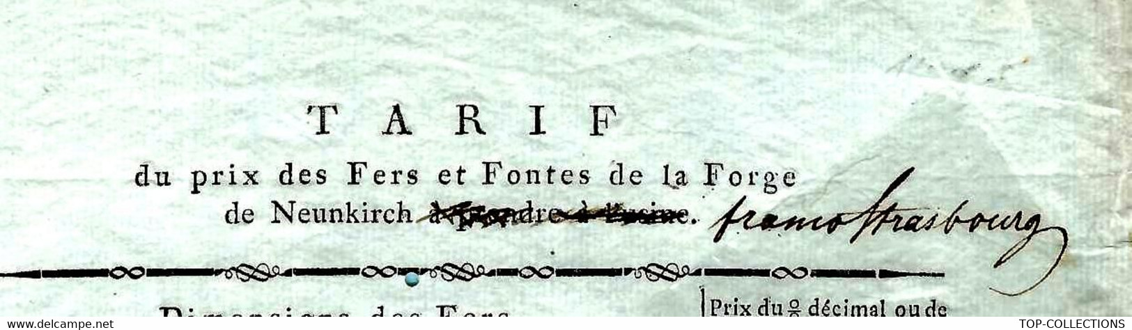 1810 RARE TARIF FRERES STUMM  FORGE DE NEUNKIRCH  DOMINATION FRANCAISE EMPIRE   B.E. - Documentos Históricos