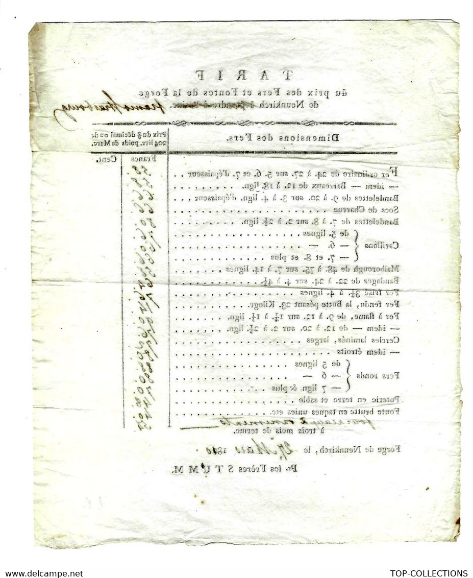 1810 RARE TARIF FRERES STUMM  FORGE DE NEUNKIRCH  DOMINATION FRANCAISE EMPIRE   B.E. - Historical Documents