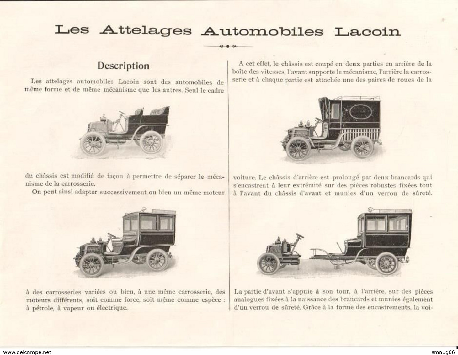 RARE DOCUMENT COMMERCIAL LES ATTELAGES AUTOMOBILES LACOIN (12 FEUILLETS)