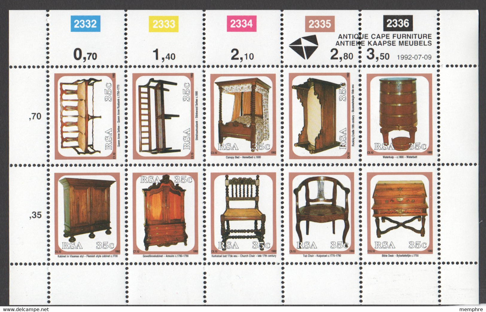 1992 Antique Cape Furniture Sheet Of 10 Different Sc 824-833  MNH ** - Neufs