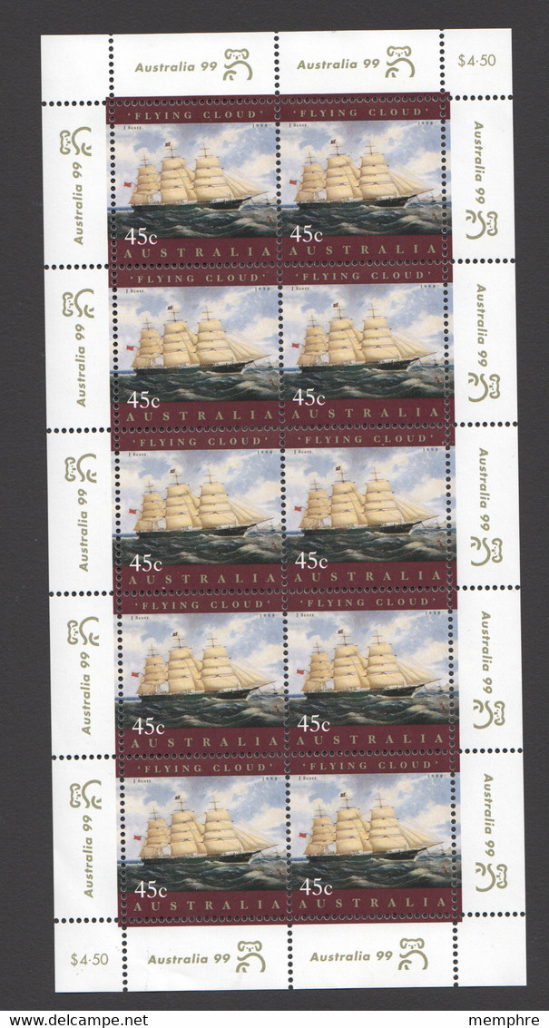 1999 «Flying Cloud» Sail Ship Sheet Of 10 With Border Overprint «Australia 99» Stamp Exhibition Sc 1630a MNH** - Mint Stamps