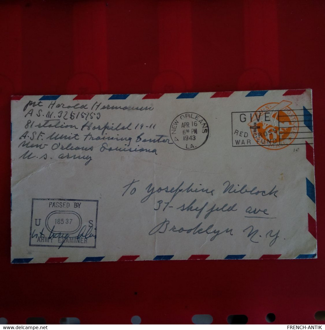 LETTRE NEW ORLEANS POUR BROOKLYN CACHET PASSED BY ARMY EXAMINER CACHET GIVE RED CROSS WAR FUND - Brieven En Documenten