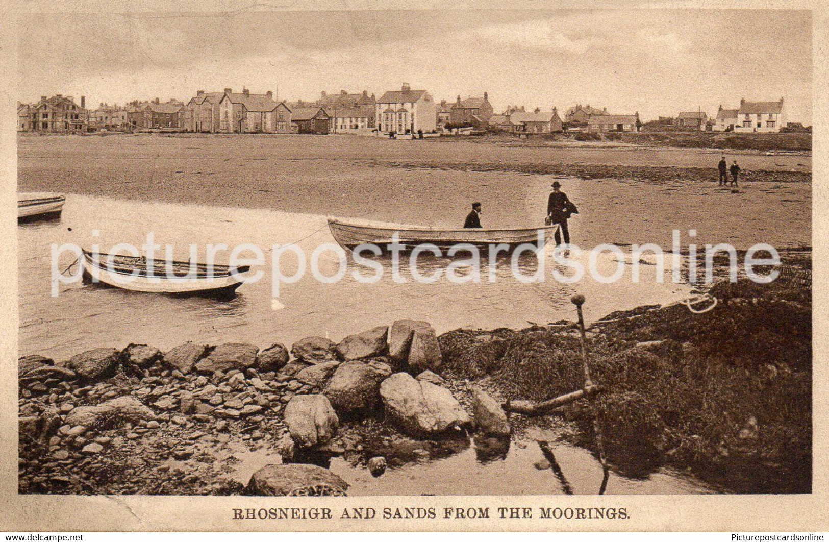 RHOSNEIGER AND SANDS FROM THE MOORINGS OLD B/W POSTCARD WALES ANGLESEY - Anglesey