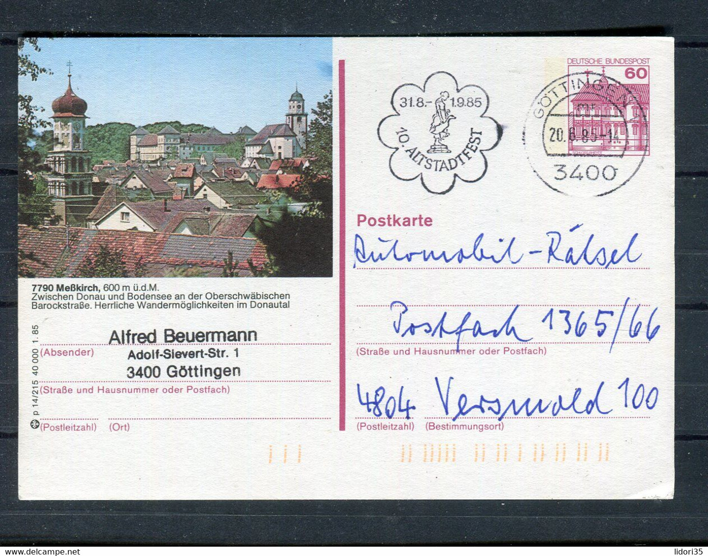 Bundesrepublik Deutschland / Bildpostkarte "MESSKIRCH" Stempel "Goettingen" / 11378 - Illustrated Postcards - Used