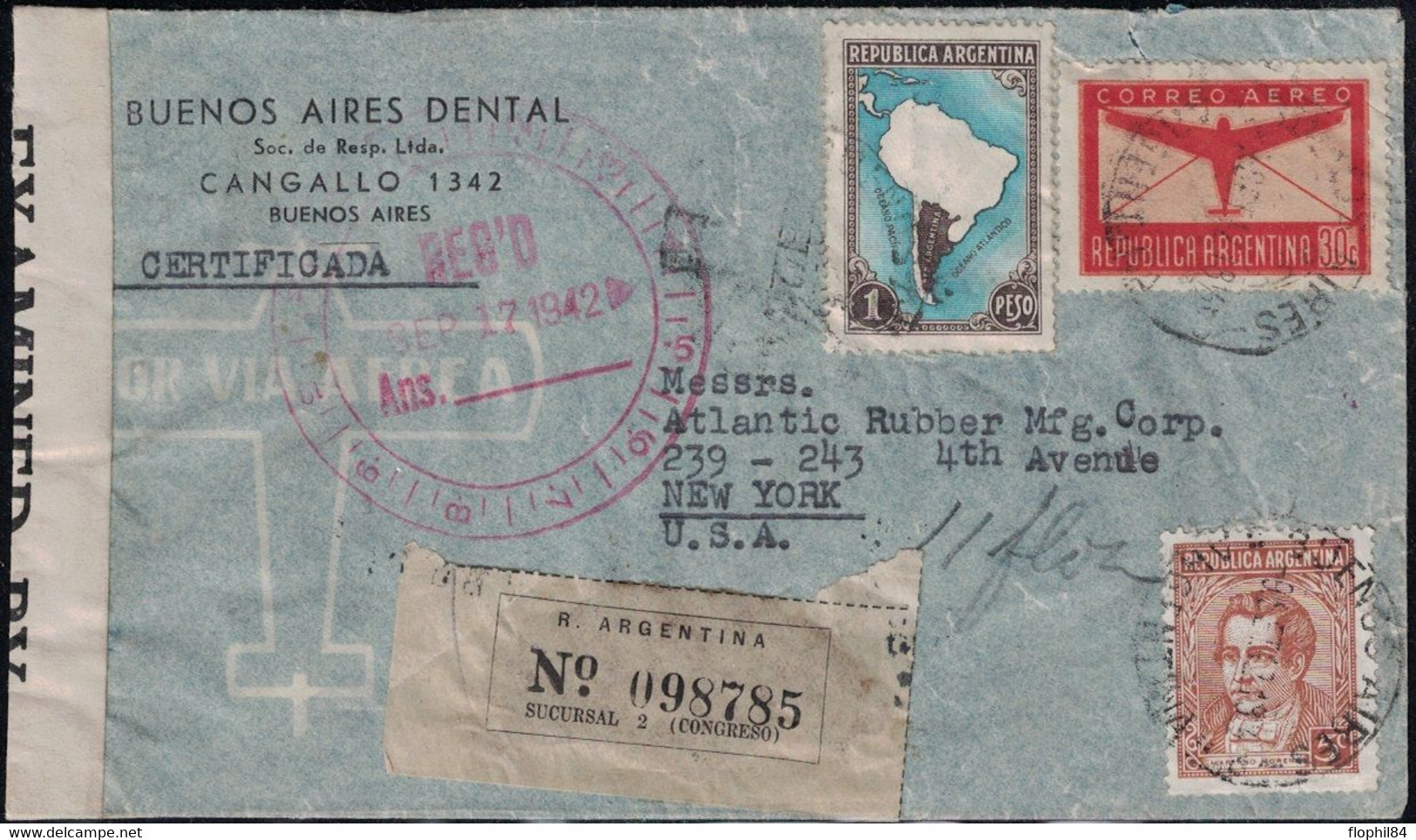 ARGENTINE - LETTRE DE BUENOS AIRES AERIENNE POUR NEW-YORK USA - LE 17-9-1942 - CENSURE EXAMINED BY 5757. - Storia Postale