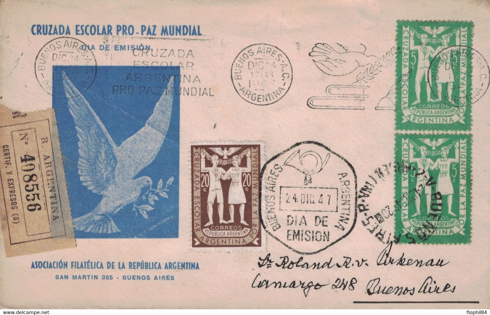 ARGENTINE - LETTRE DE BUENOS AIRES OMEC ILLUSTREE COLOMBE POUR LA FRANCE LE 24-12-1947 - AVEC RECIPISSE. - Storia Postale