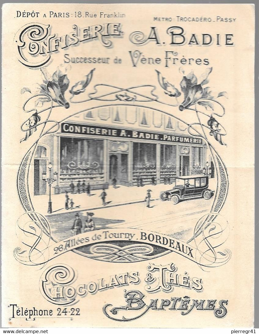 DEPLIANT PUB-Vers 1910-CONFISERIE Antoinette BADIE-BORDEAUX-13,5x10,5cm-Papier- TBE-RARE - Publicités