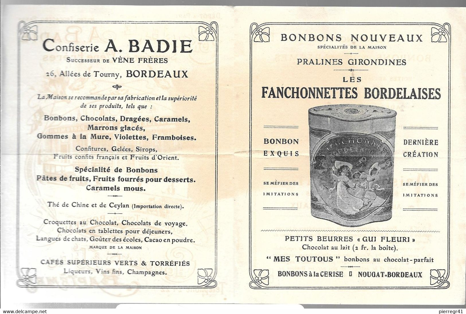 DEPLIANT PUB-Vers 1910-CONFISERIE Antoinette BADIE-BORDEAUX-13,5x10,5cm-Papier- TBE-RARE - Publicités