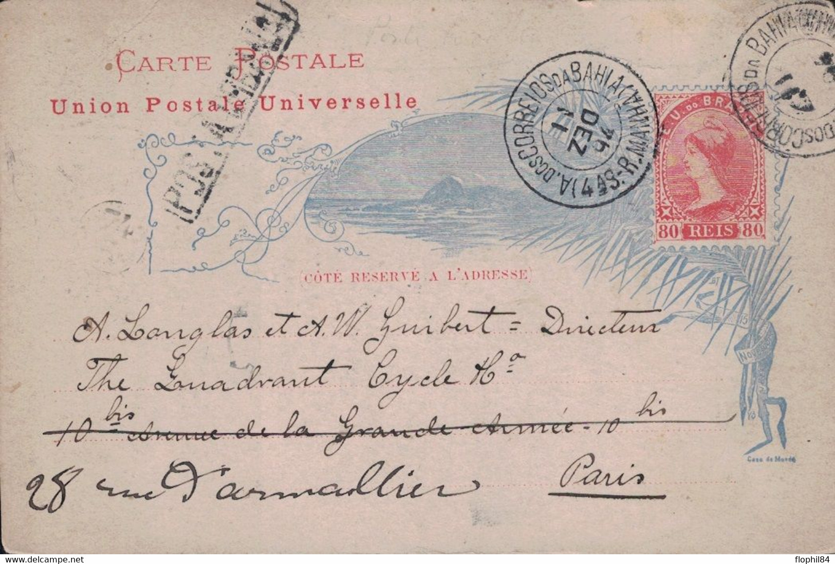BRESIL - ENTIER POSTAL DE BAHIA POUR PARIS FRANCE - LE 11 DECEMBRE 1894. - Covers & Documents