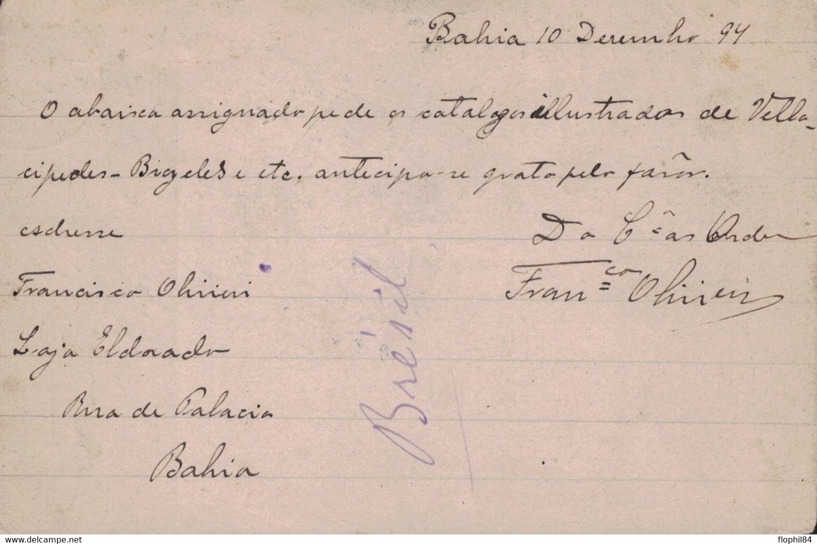 BRESIL - ENTIER POSTAL DE BAHIA POUR PARIS FRANCE - LE 11 DECEMBRE 1894. - Brieven En Documenten