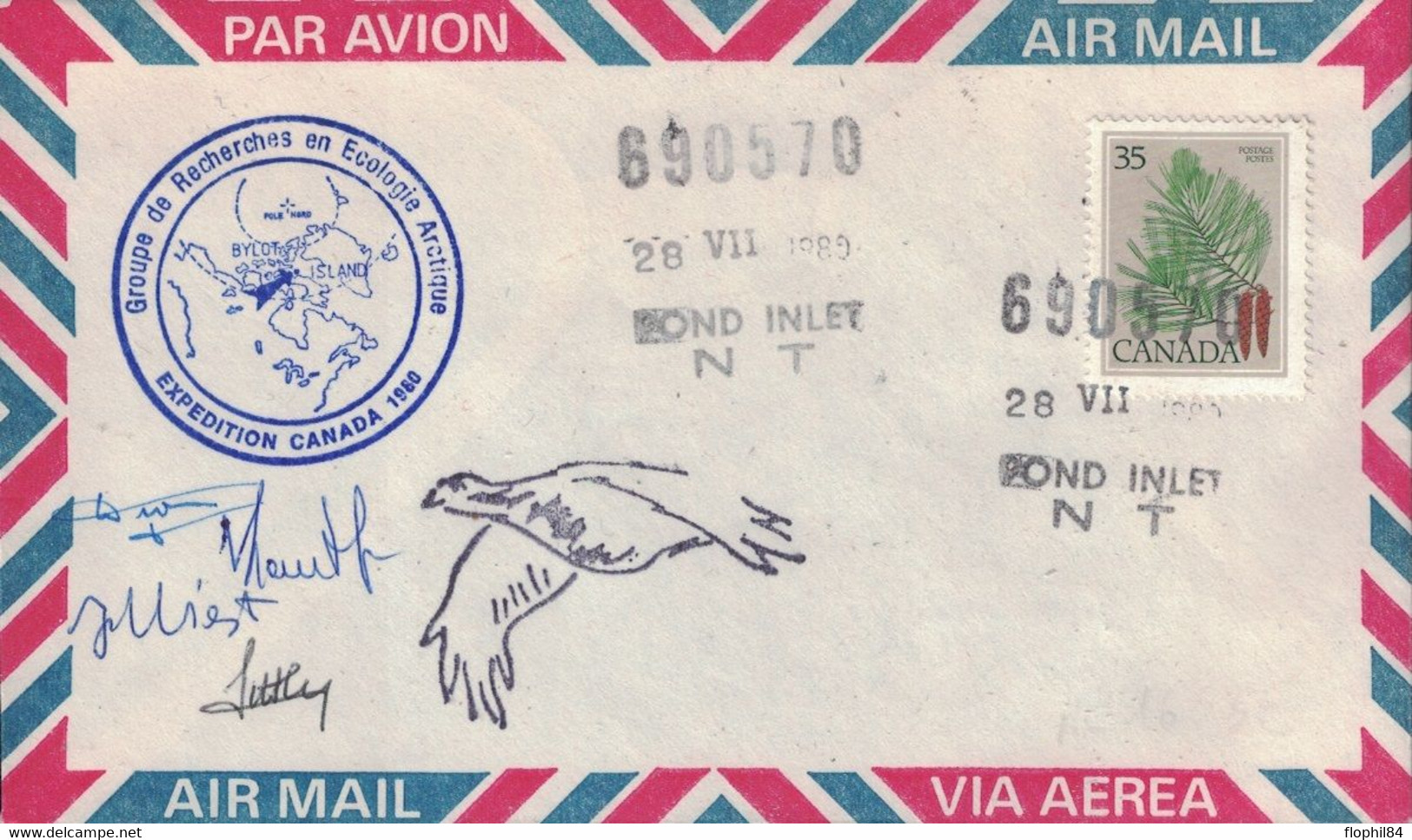 CANADA - EXPEDITION EN ECOLOGIE ARCTIQUE 1980 - ILE BYLOT - LE 28-7-1980 - THEMATIQUE ARCTIQUE - SIGNATURES DES MEMBR  . - Storia Postale