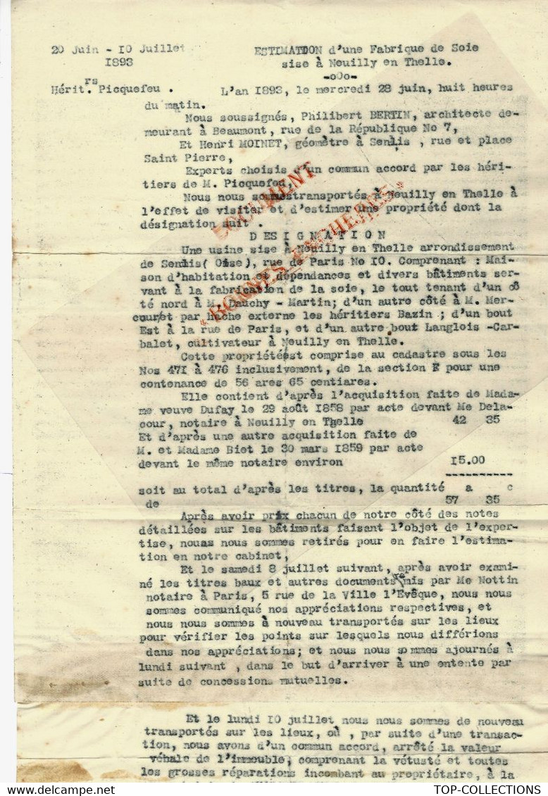 1893 ESTIMATION USINE De  FABRICATION DE SOIE à Neuilly En Thelle Oise Héritiers Picquefeu EXPERTISE APRES DECES - Manuscrits