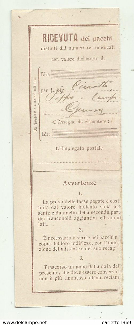 RICEVUTA PACCHI   CENT. 25  DA GENOVA   PER CAMPI BISENZIO 1925 - Paketmarken