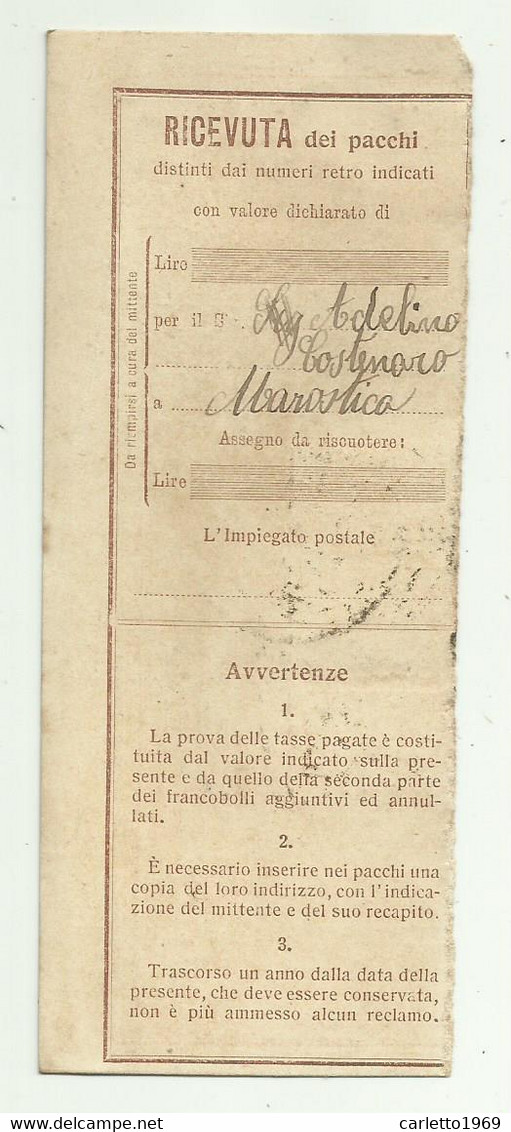 RICEVUTA PACCHI LIRE 1 + CENT. 25 + CENTESIMI 50 DA MAROSTICA  PER CAMPI BISENZIO 1925 - Postpaketten