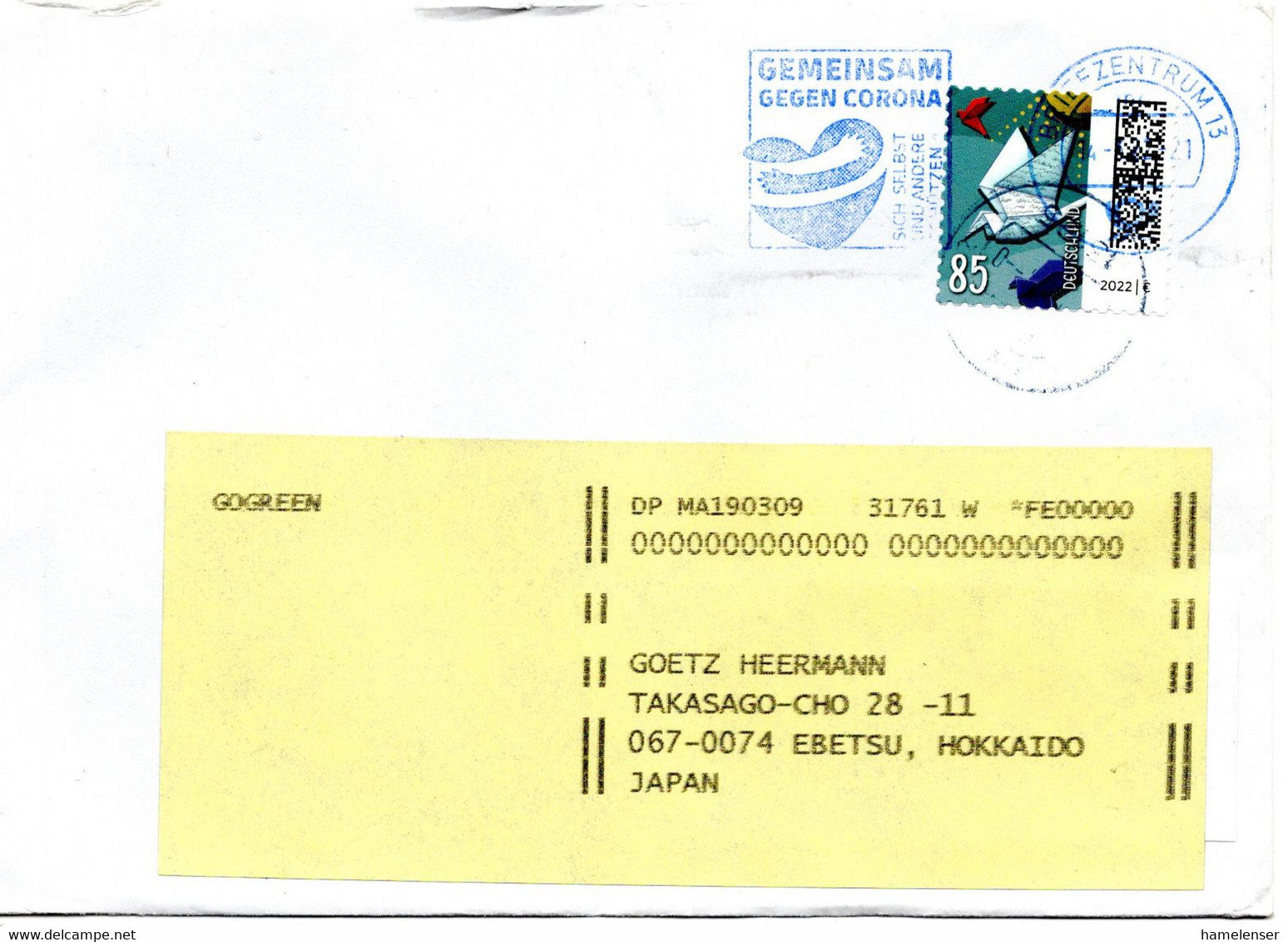 58116 - Bund - 2022 - 85c Post EF A Bf BRIEFZENTRUM 13 - ... CORONA ... -> Hameln, O. Nachporto Nachgesandt Nach Japan - Lettres & Documents