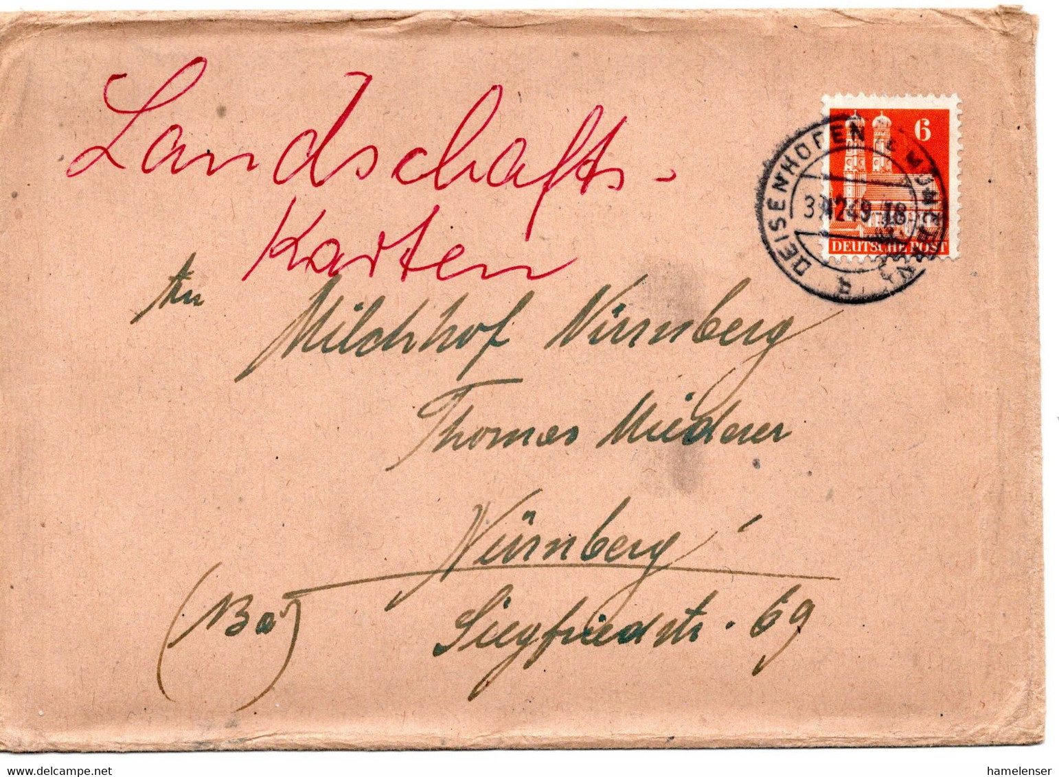 58123 - Bund - 1949 - 6Pfg Bauten EF A DrucksBf DEISENHOFEN -> Nuernberg - Andere & Zonder Classificatie