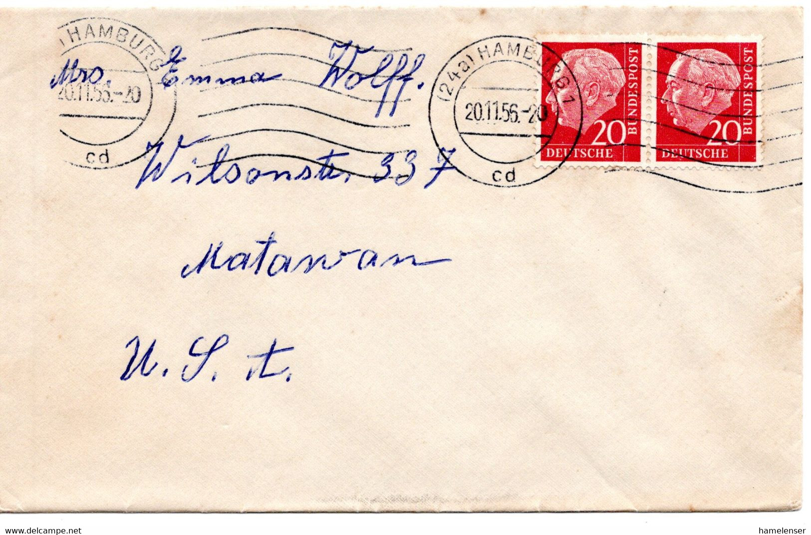 58124 - Bund - 1956 - 20Pfg Heuss I Waag. Paar A Bf HAMBURG -> Matawan, NJ (USA) - Storia Postale