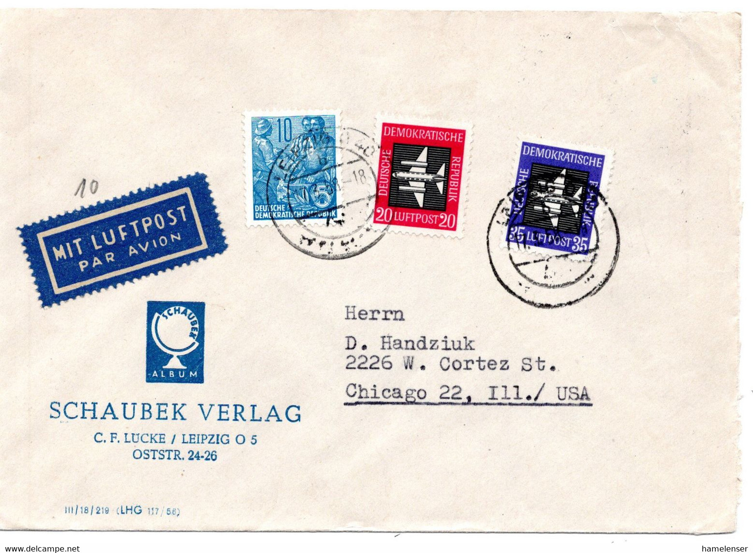 58141 - DDR - 1958 - 35Pfg Luftpost MiF A LpBf LEIPZIG -> Chicago, IL (USA) - Briefe U. Dokumente