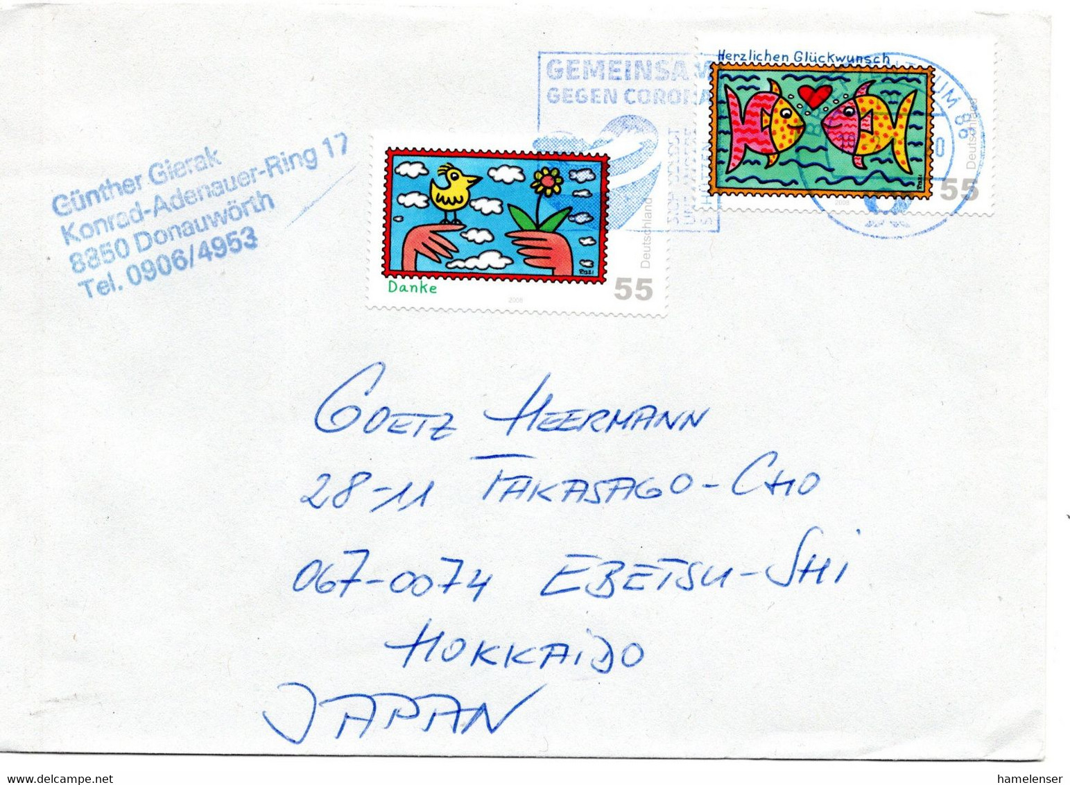 58146 - Bund - 2021 - 55c Glueckwunsch '08 MiF A Bf BRIEFZENTRUM 86 - GEMEINSAM GEGEN CORONA ... -> Japan - Lettres & Documents