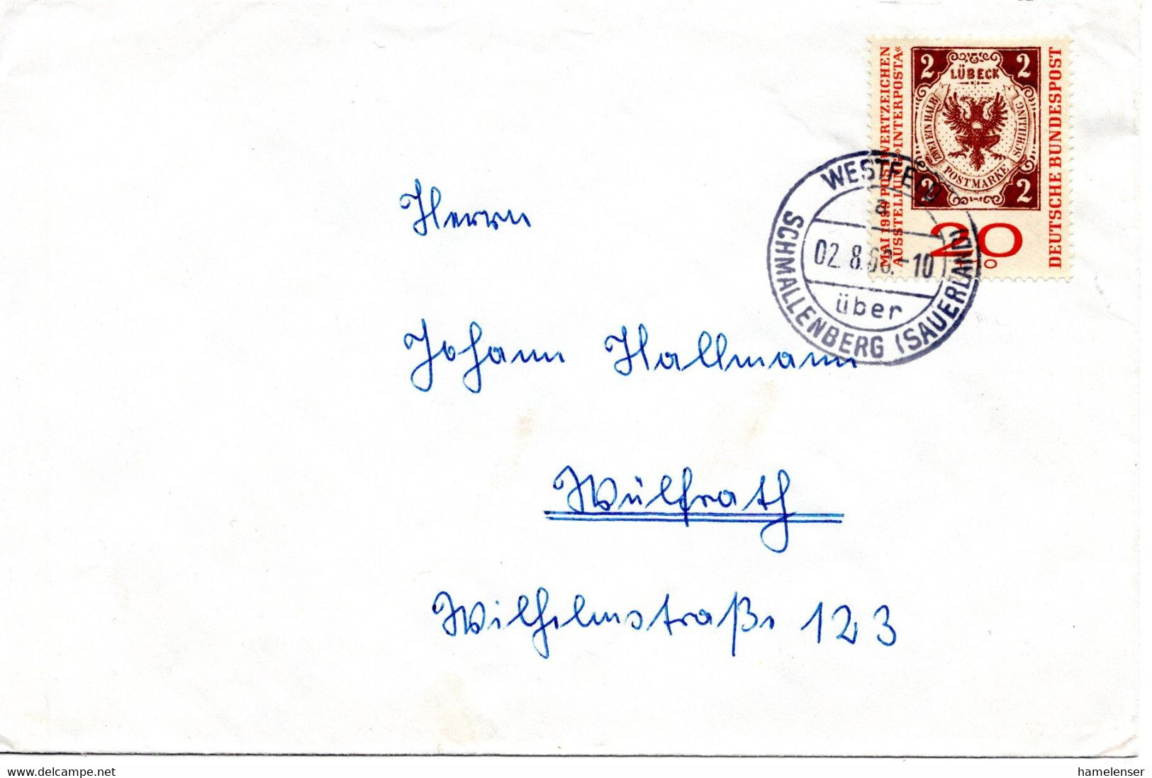 58150 - Bund - 1960 - 20Pfg Interposta '59 EF A Bf WESTFELD -> Wuelfrath - Sellos Sobre Sellos