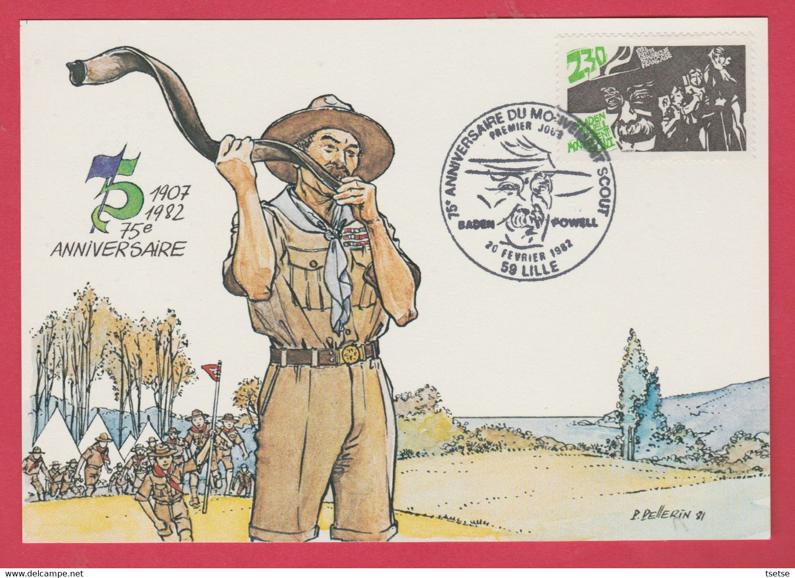 Baden-Powell , Ouvre Son Premier Camp En 1907, Illustré Par P. Pellerin ... Timbre 1er Jour 1982 - Scoutismo