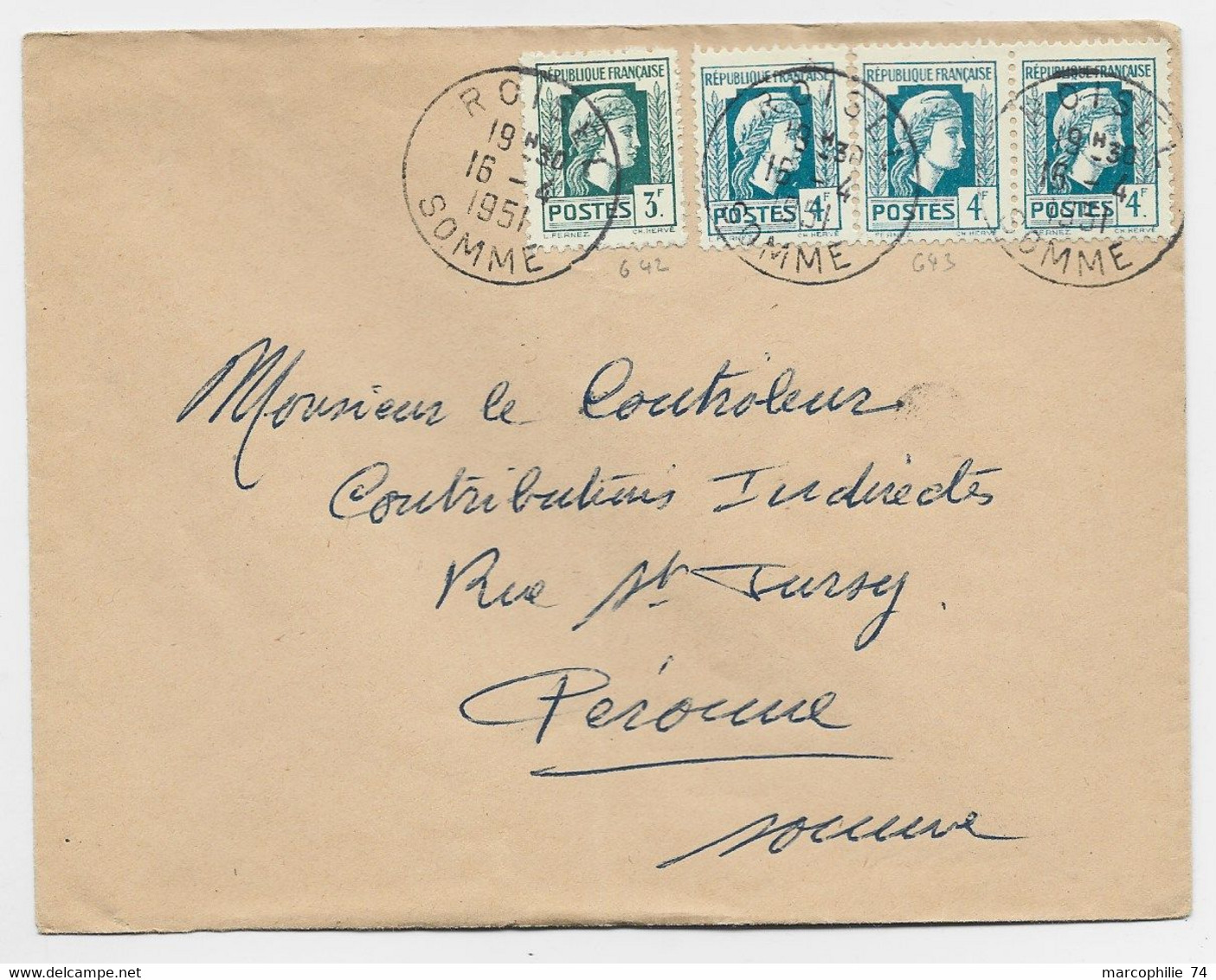 FRANCE N° 643X3+642 LETTRE COVER ROISEL 16.4.1951 SOMME AU TARIF USAGE TARDIF - 1944 Gallo E Marianna Di Algeri