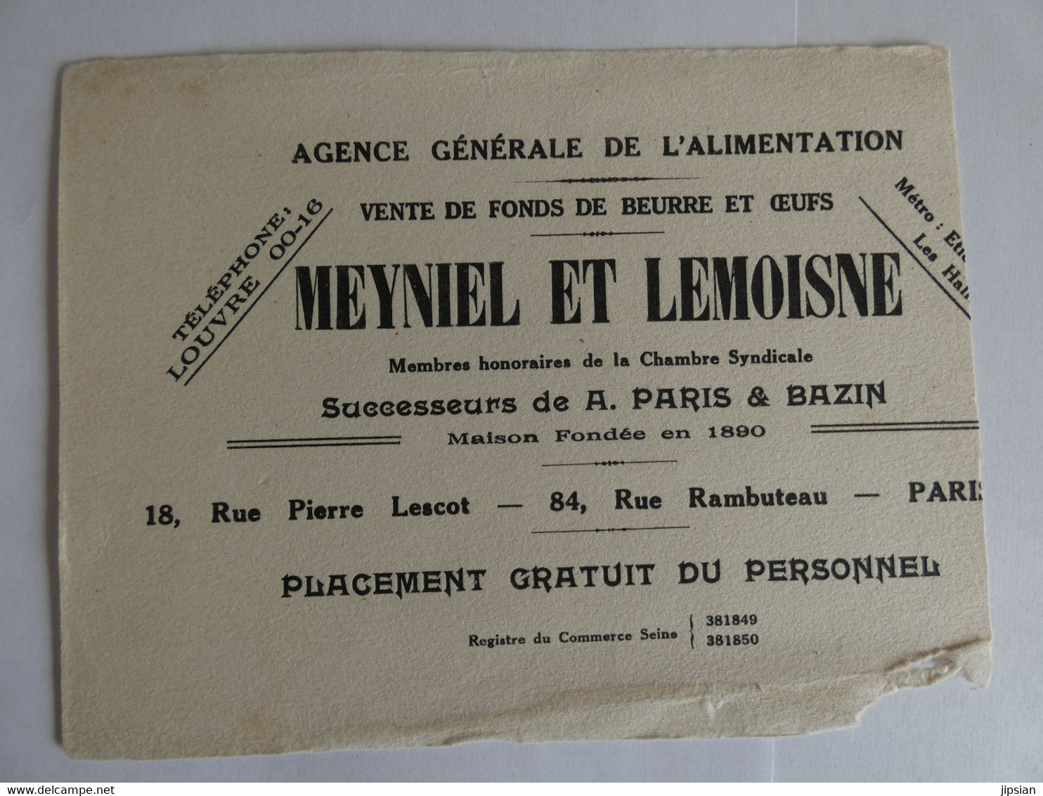 Buvard Vente De Fonds De Beurre Et Oeufs Alimentation Meyniel Et Lemoisne Rue Rambuteau Rue Lescot Paris - Zuivel