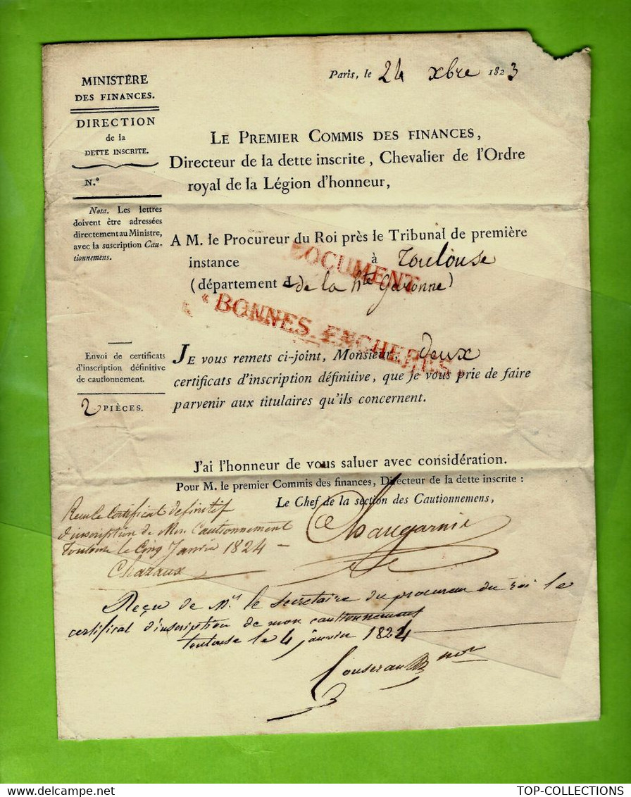 1824 ENTETE PARIS MINISTERE DES FINANCES Sign. Pour Mr Le Procureur Du Roi Toulouse Haute Garonne - Historische Documenten