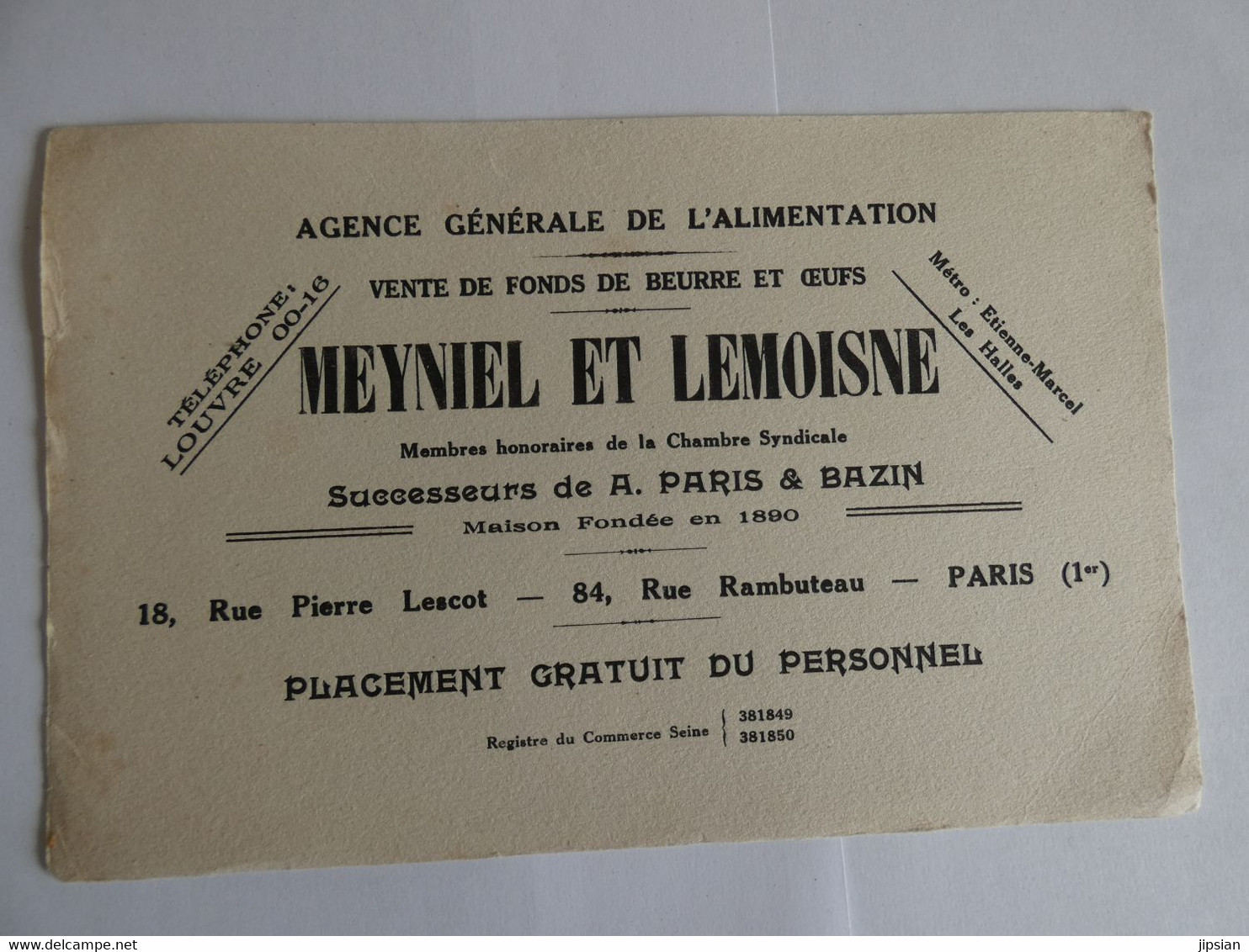 Buvard Vente De Fonds De Beurre Et Oeufs Alimentation Meyniel Et Lemoisne Rue Rambuteau Rue Lescot Paris - Zuivel