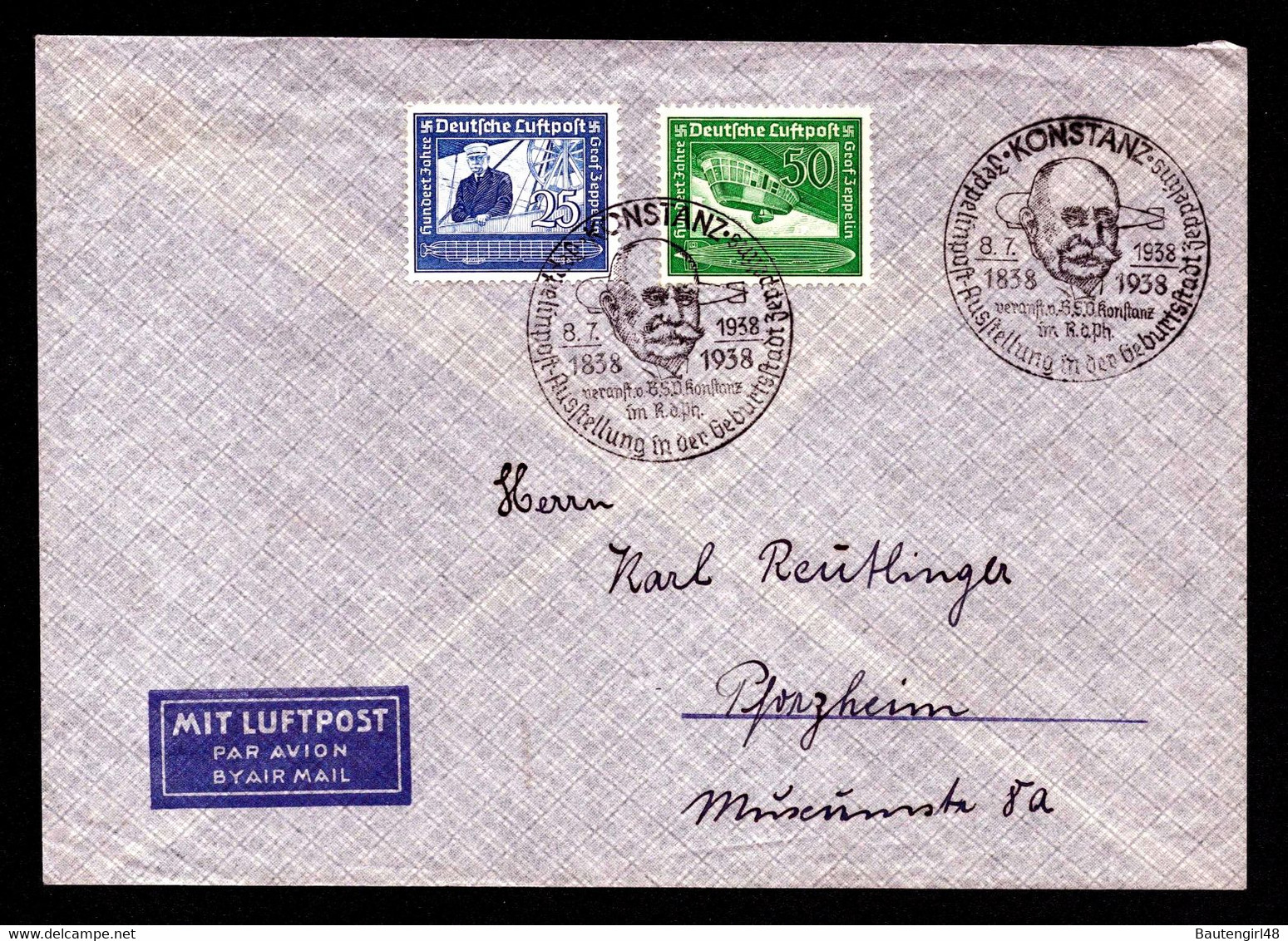 DR Luftpost-Brief KONSTANZ - 8.7.1938 - Mi.669,670 Mit SST "Zeppelinpost-Ausstellung In Der Geburtsstadt Zeppelin" - Covers & Documents