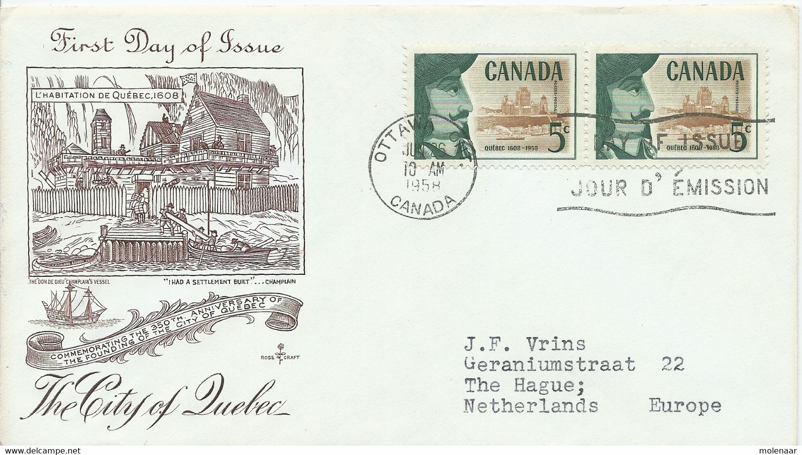 Canada Gelopen FDC  Tgv.  350 Jaar Quebec (6024) - Brieven En Documenten